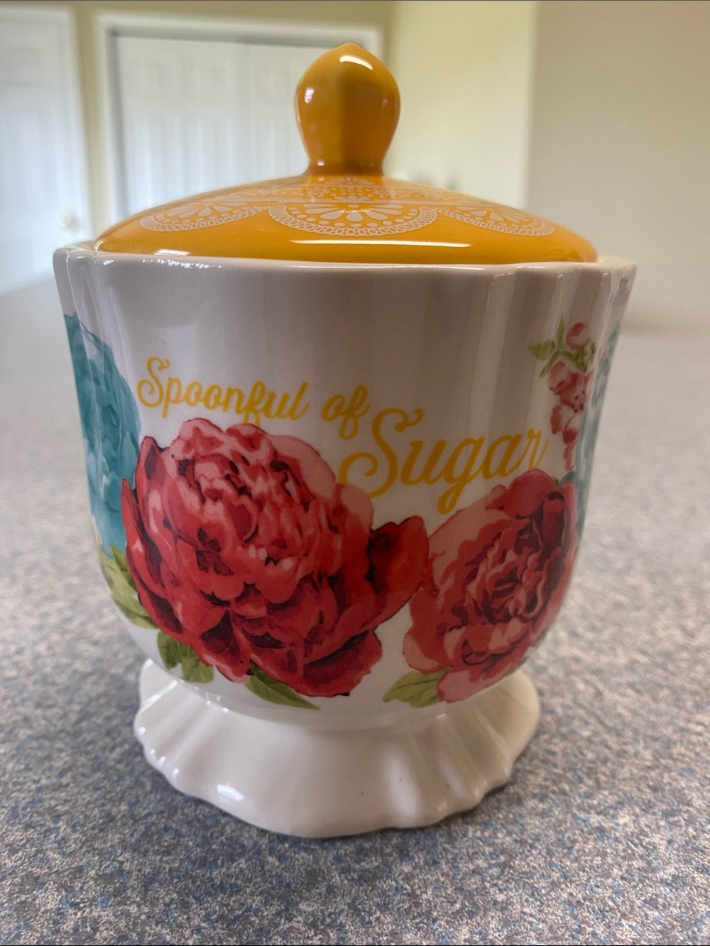 The Pioneer Woman Floral STONEWARE Spoonful of Sugar Jar with Yellow Lid